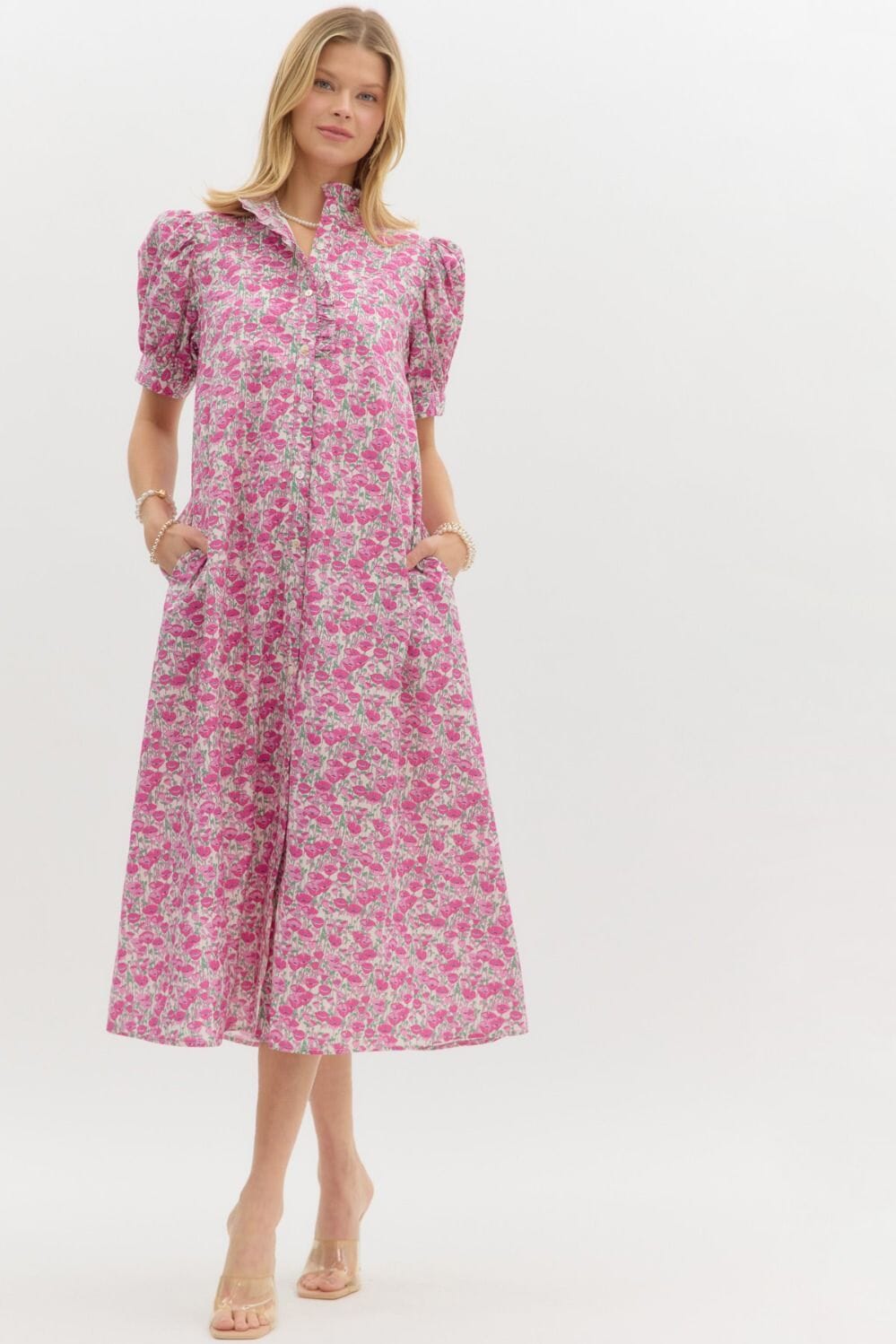 Floral Ruffle Neck A-Line Midi Entro 