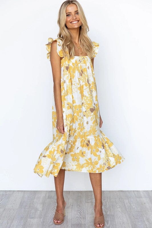 Floral Ruffle Shoulder Shift Midi supreme fashion 