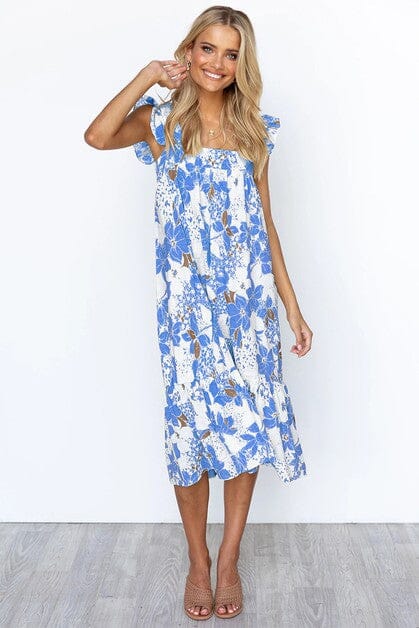 Floral Ruffle Shoulder Shift Midi supreme fashion 