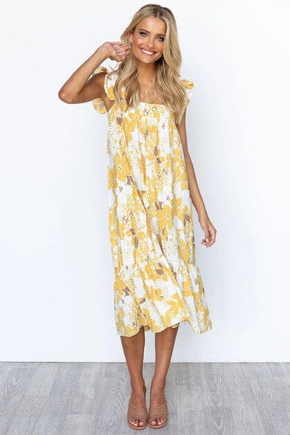 Floral Ruffle Shoulder Shift Midi supreme fashion 