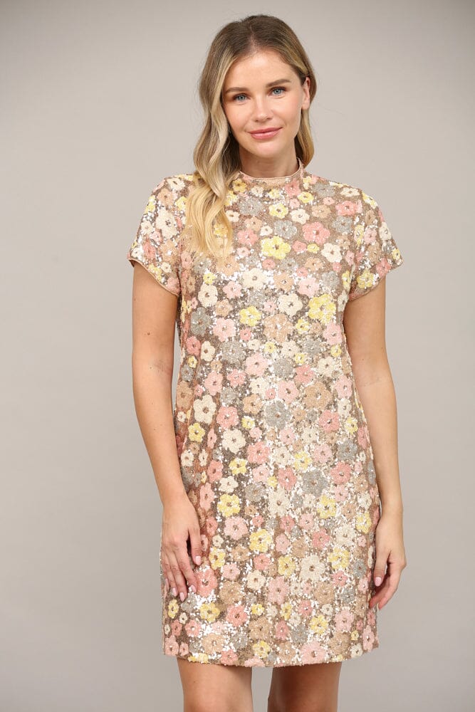 Floral Sequin Mock Neck Dress Fate 