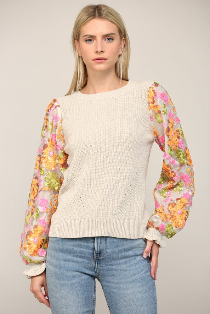 Floral Sequin Sleeve Contrasting Sweater Fate 