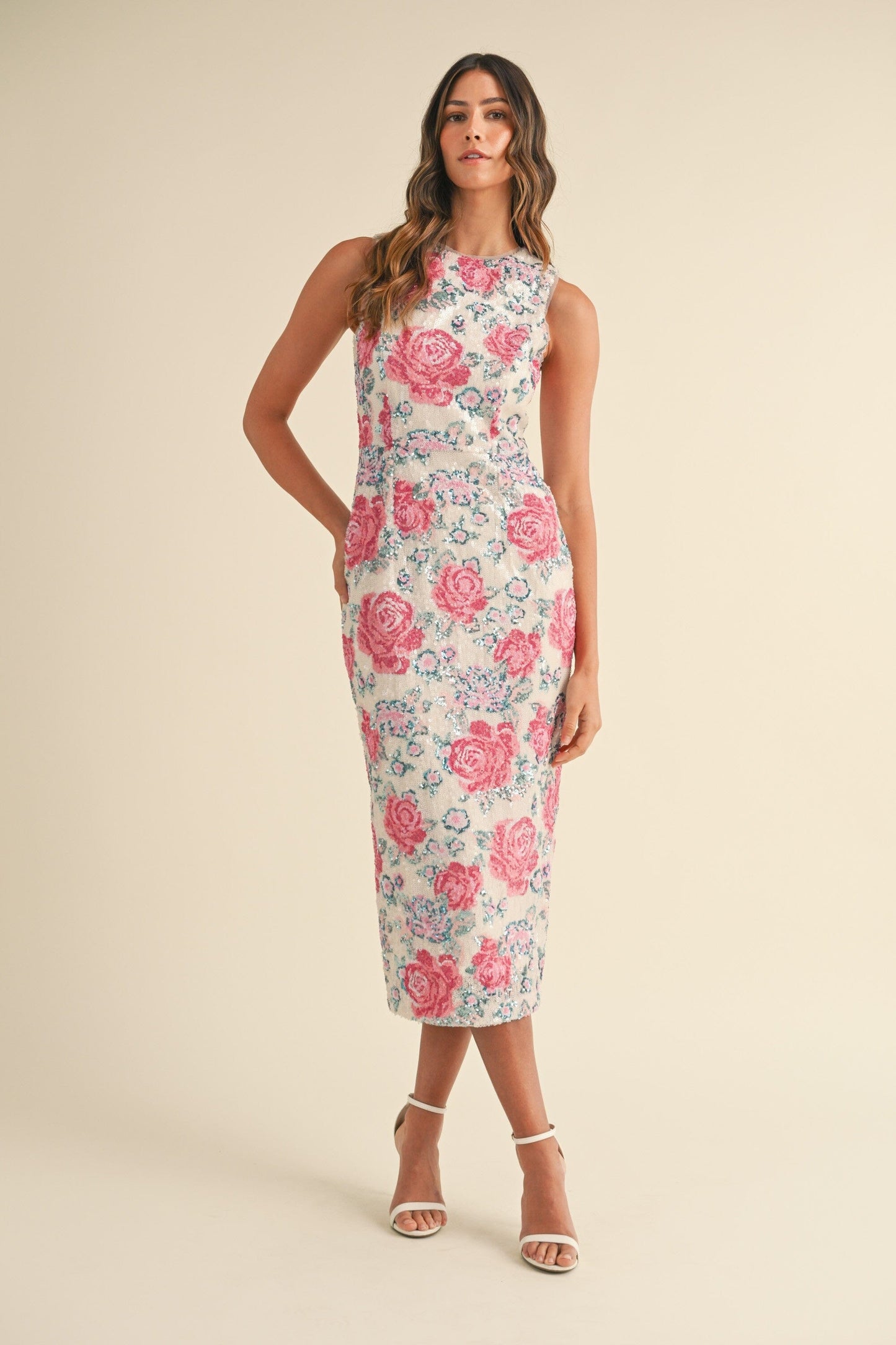 FLORAL SEQUIN SLEEVELESS MIDI DRESS mable 