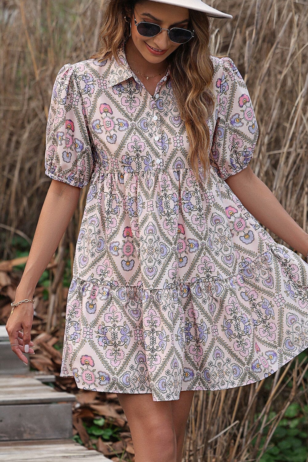 Floral Shirt Collar Puff Sleeve Ruffle Dress Shewin 
