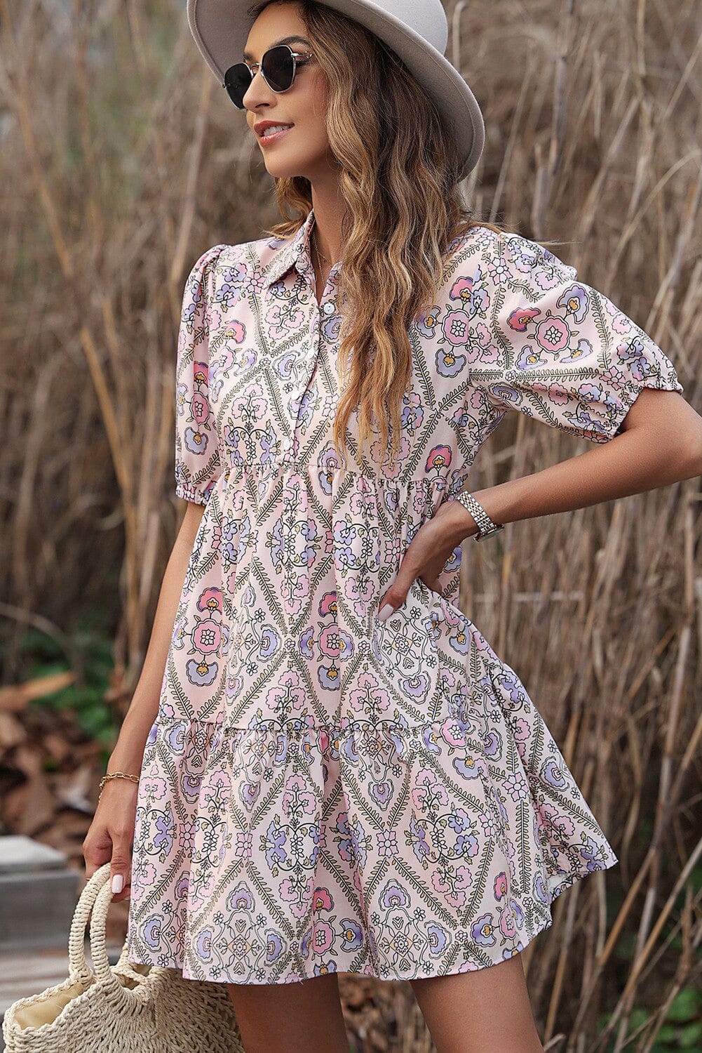 Floral Shirt Collar Puff Sleeve Ruffle Dress Shewin 