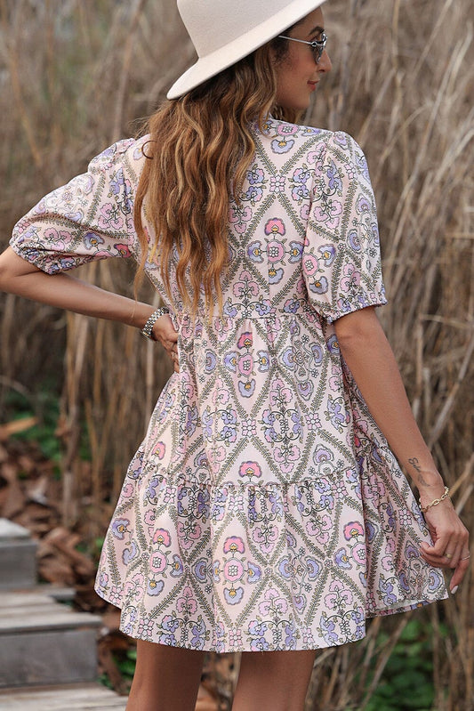 Floral Shirt Collar Puff Sleeve Ruffle Dress Shewin 