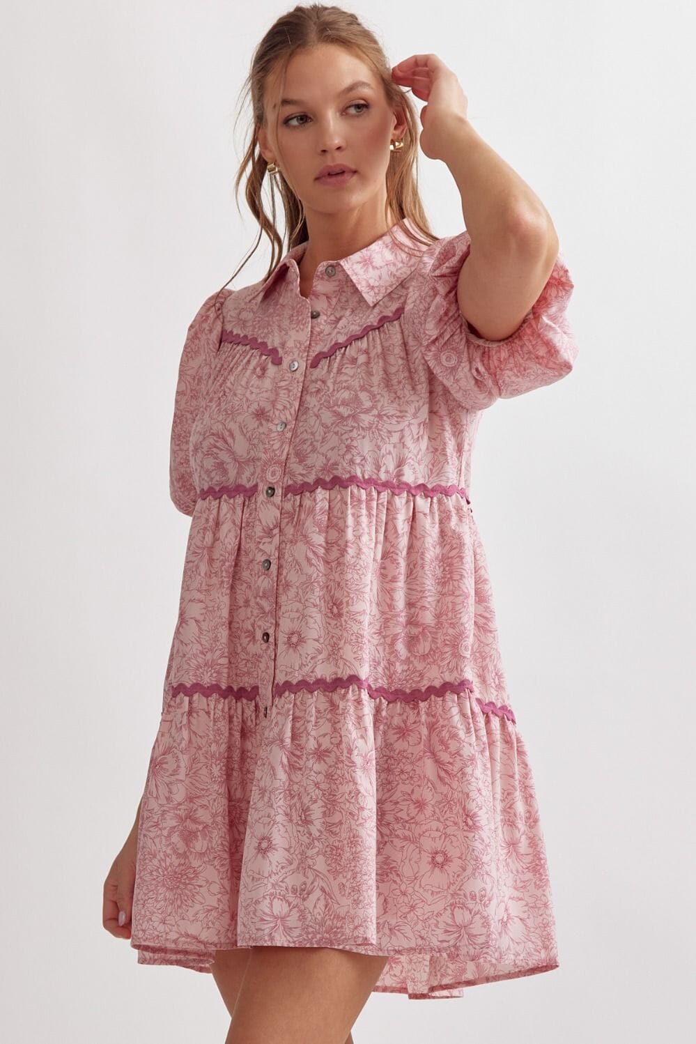 Floral Tiered Shirt Dress with Ric Rac Detail entro 