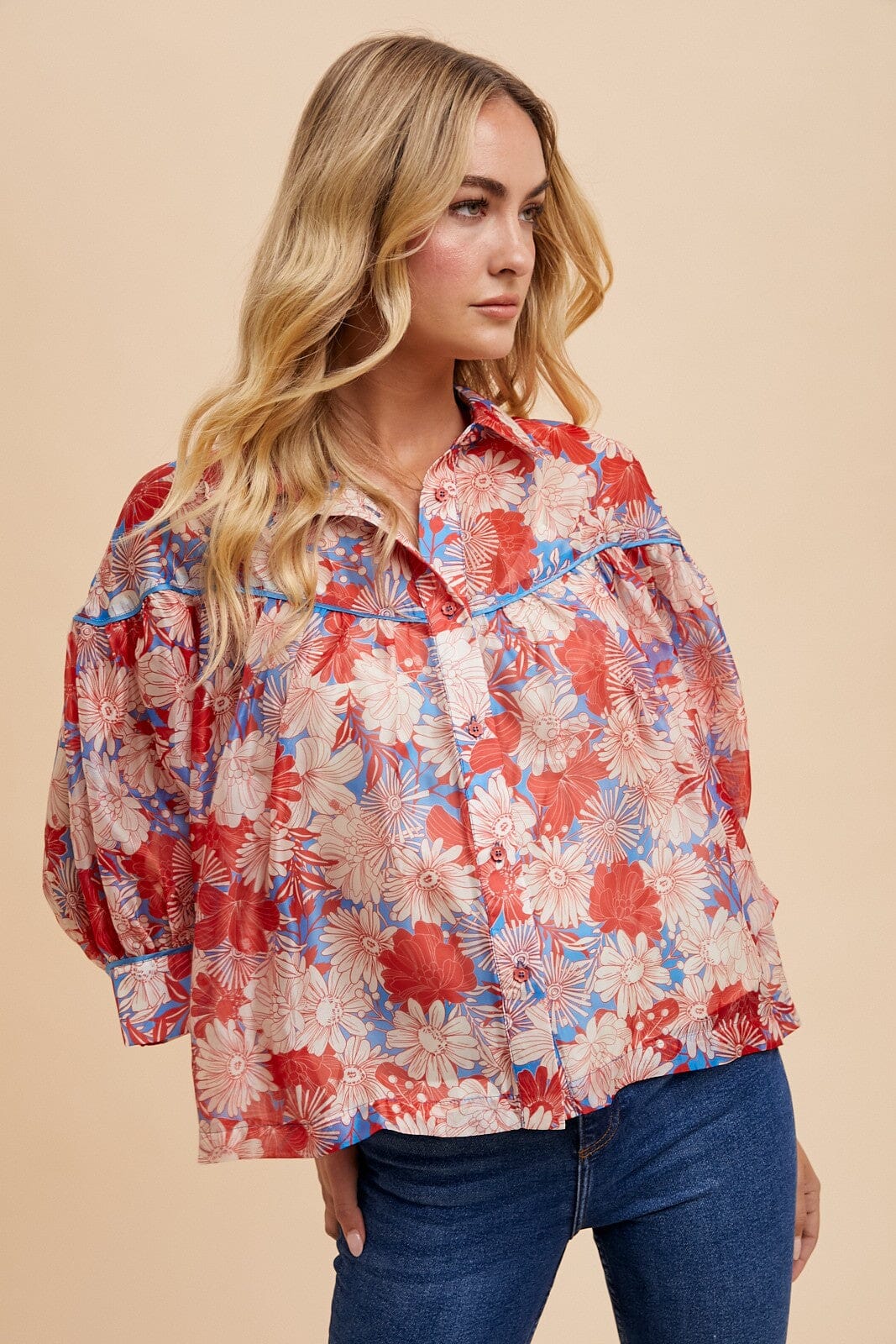 FLOWER PRINTED PIPING DETAIL BLOUSE WOVEN TOP Annie Wear 