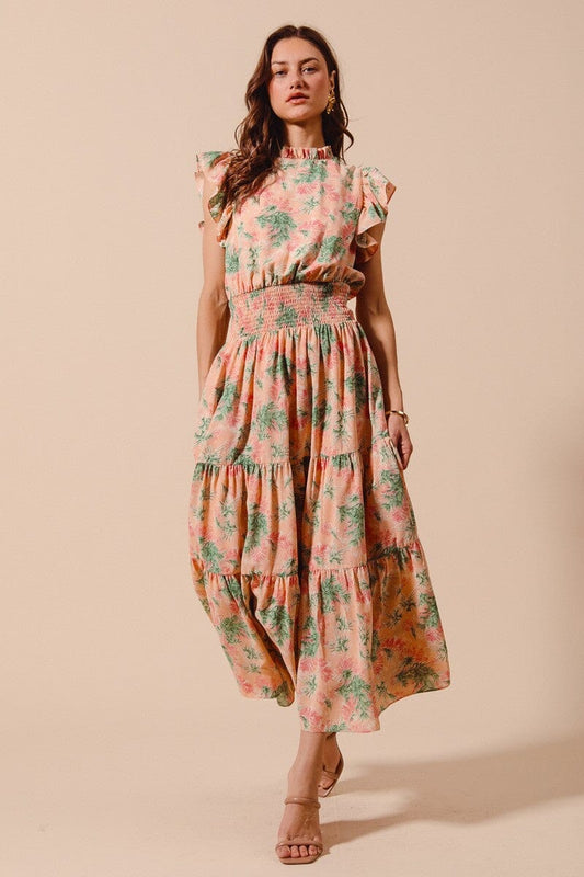 FLOWY FLORAL PRINT SMOCKED TIERED DRESS So Me 