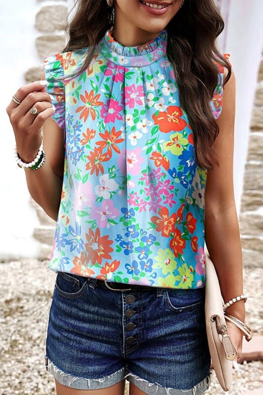 Frilled Neck Floral Sleeveless Top Shewin 