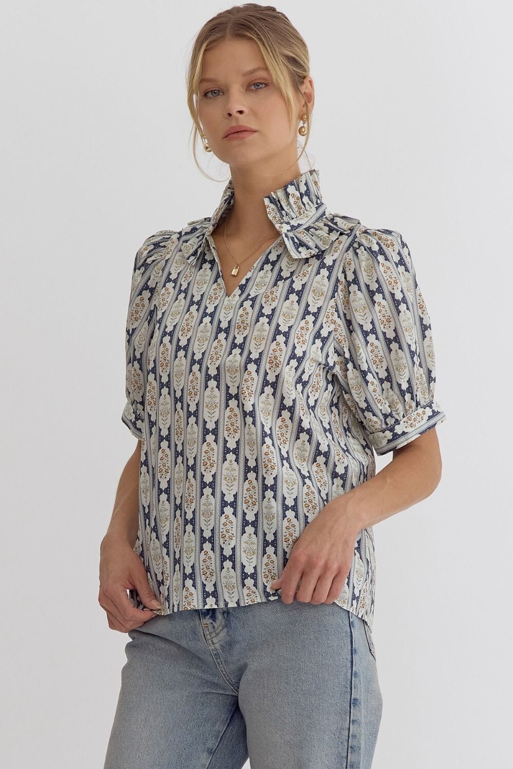 Frilled Neck Medallion Print Top Entro 