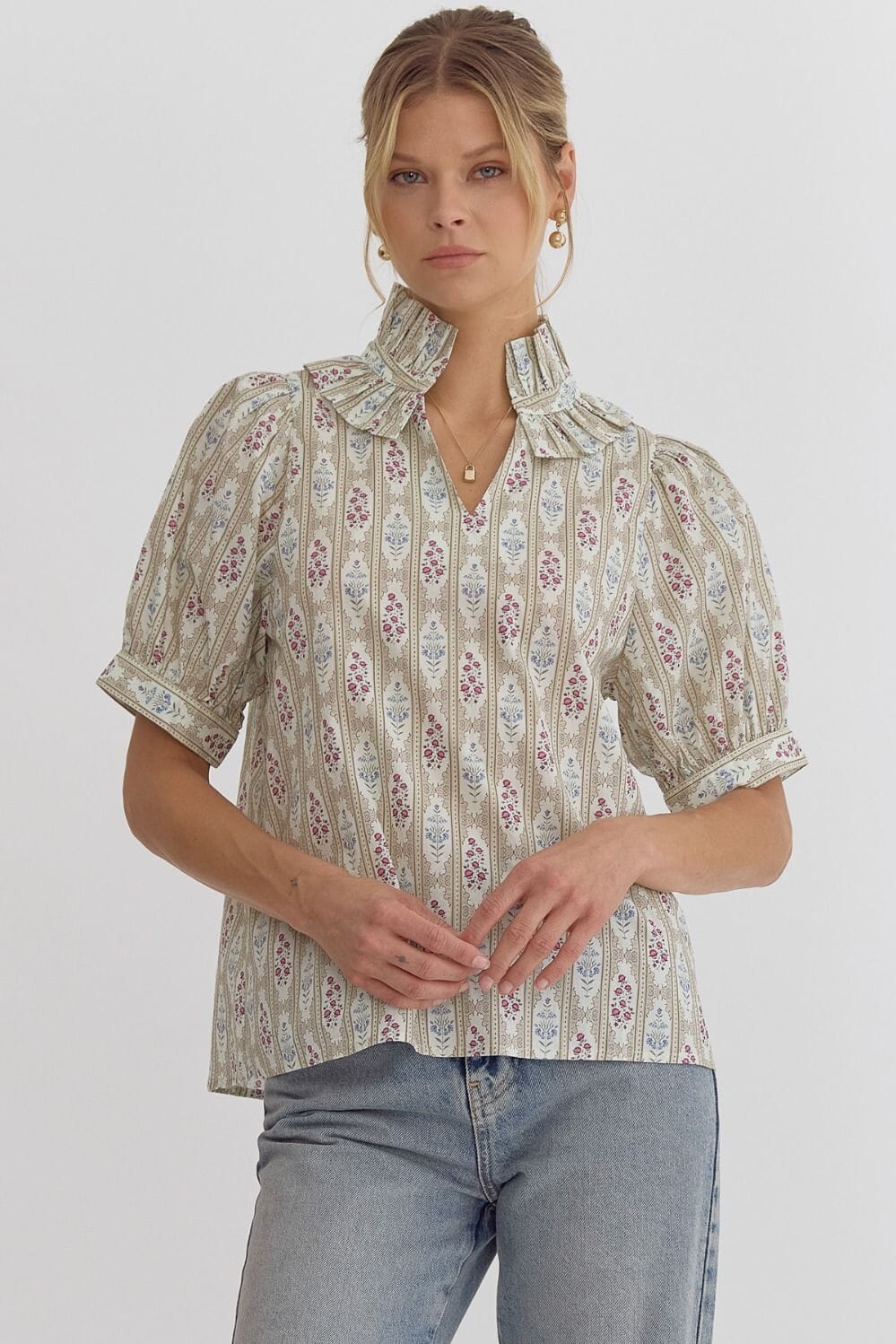 Frilled Neck Medallion Print Top Entro 