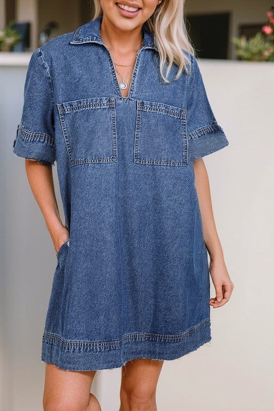 Front Pocket Collared Denim Dress Shewin small Dark Wash 