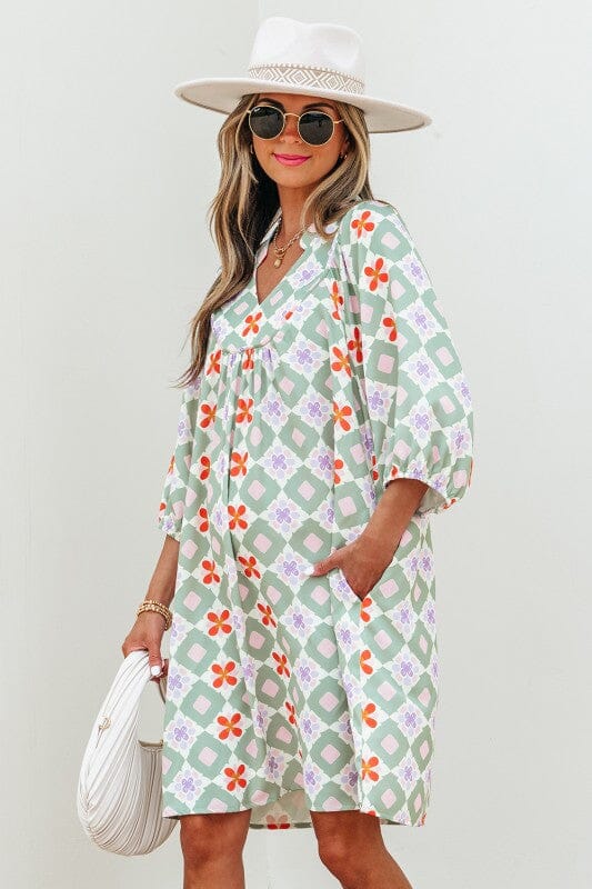 Geo Floral 3/4 Sleeve Dress Shewin 