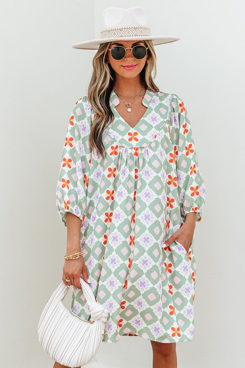 Geo Floral 3/4 Sleeve Dress Shewin 