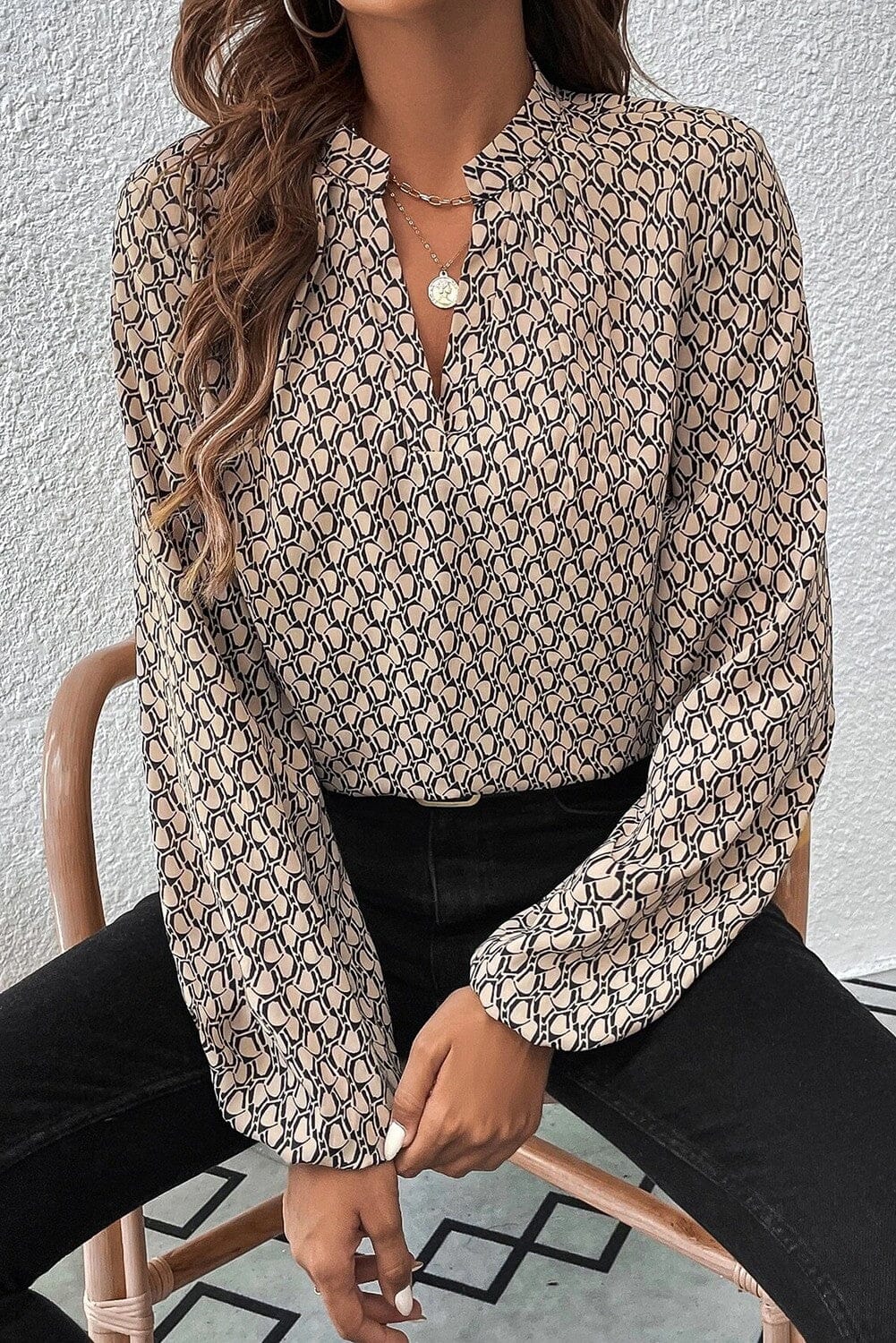 Geometric Print Notched Neck Puff Sleeve Blouse Kentce 