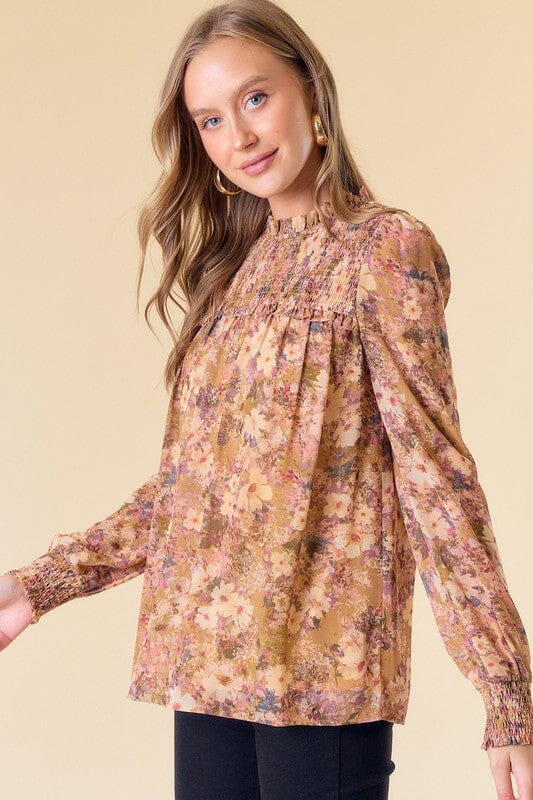 Golden Floral Smocked Yoke Top Doe & Rae 