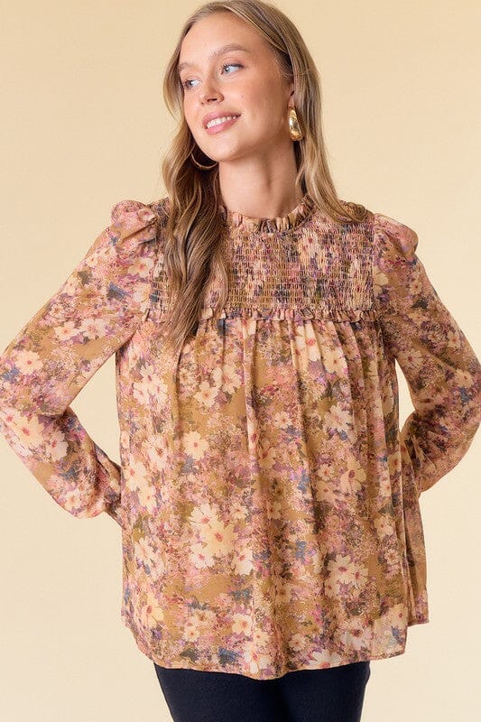 Golden Floral Smocked Yoke Top Doe & Rae 