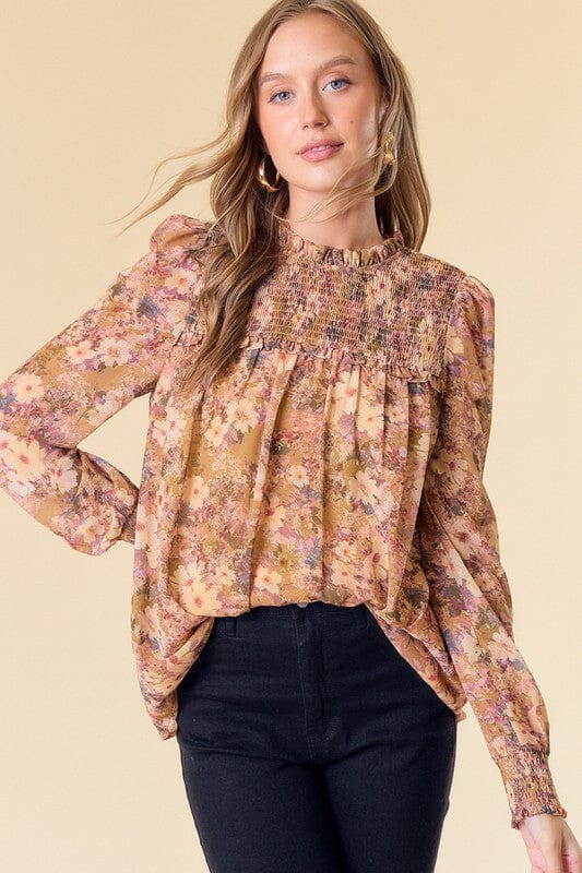 Golden Floral Smocked Yoke Top Doe & Rae 