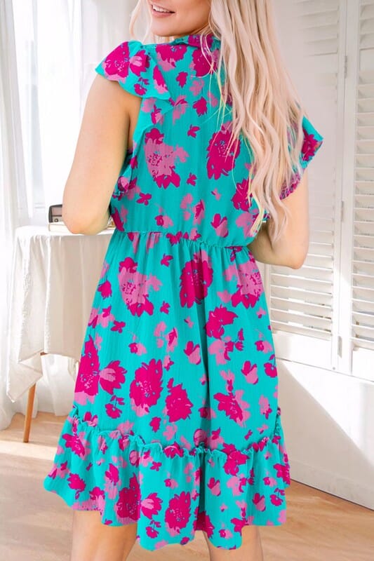 Green and Magenta Split Neck Dress Shiying 
