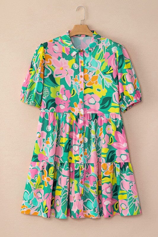 Green and Pink Floral Button Down Dress Shewin 