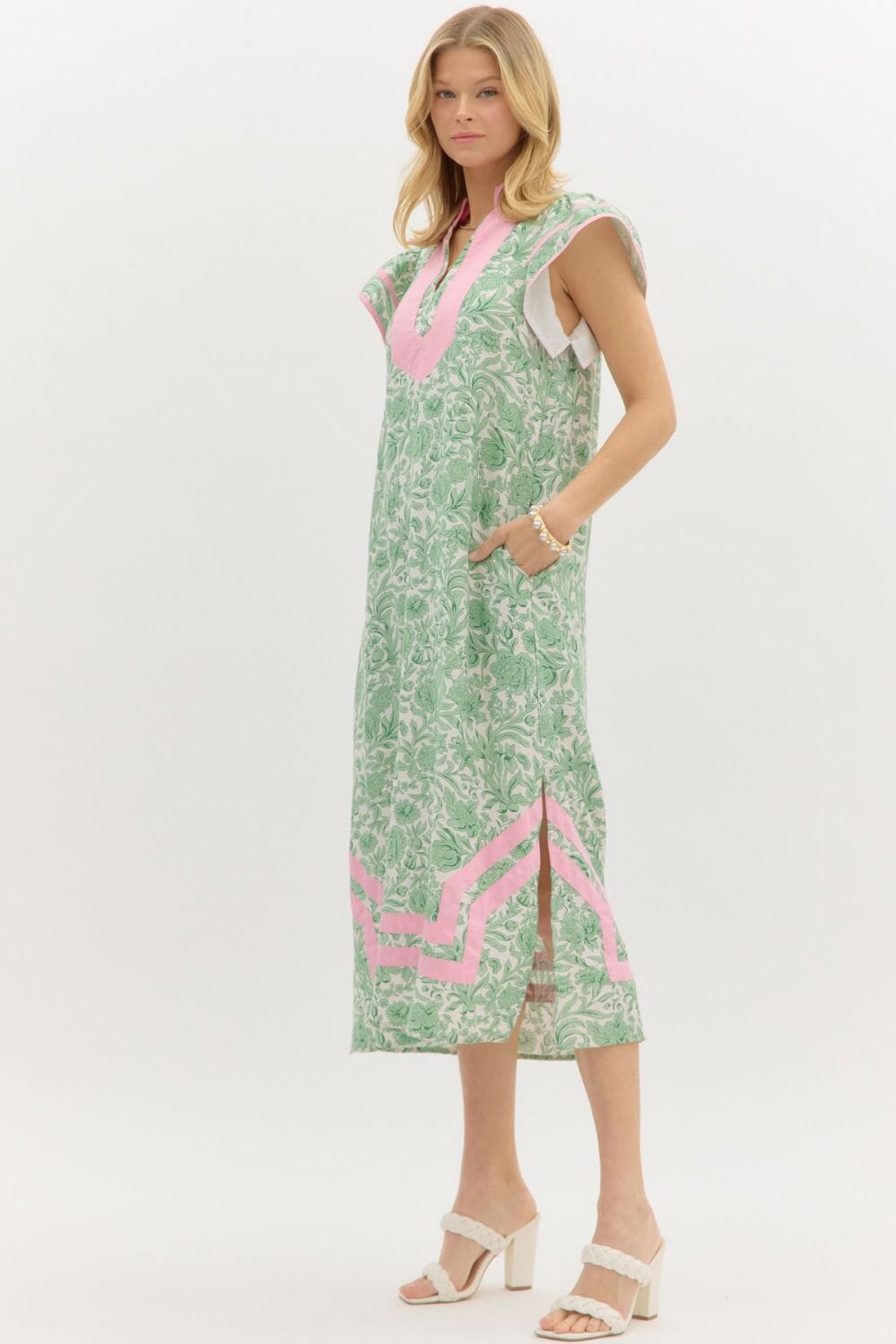 Green and Pink Floral Flutter Caftan Entro 