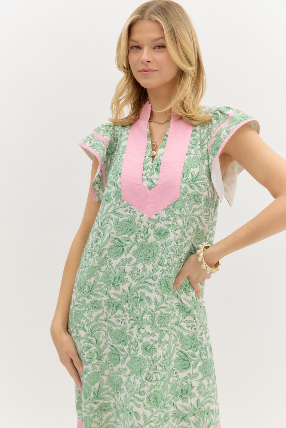 Green and Pink Floral Flutter Caftan Entro 
