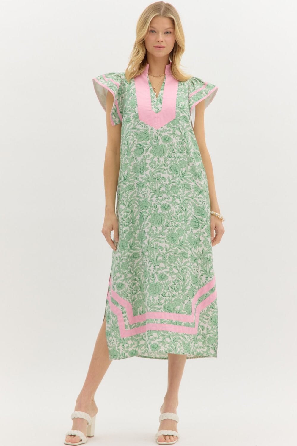 Green and Pink Floral Flutter Caftan Entro 