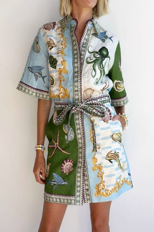 Green Aquatic Print Shirt Dress Sundayup 