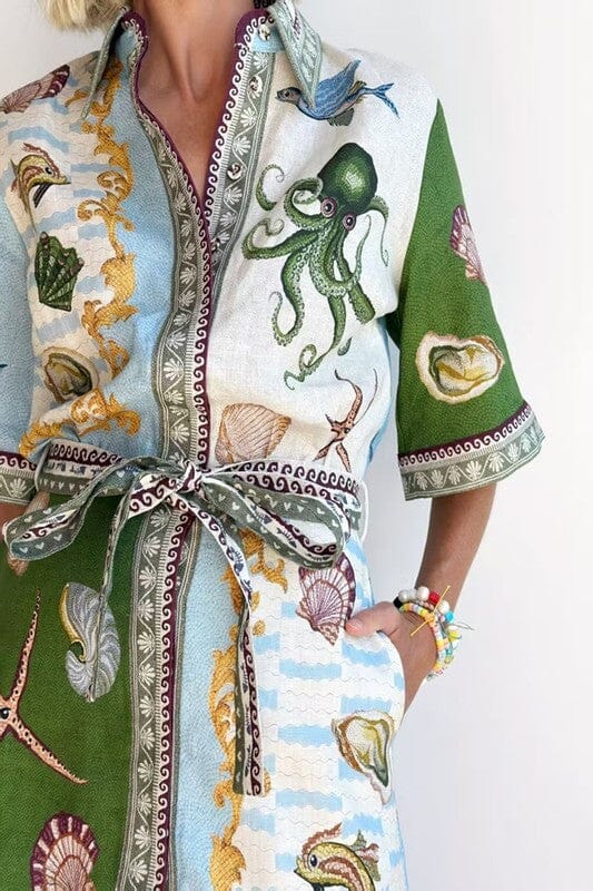 Green Aquatic Print Shirt Dress Sundayup 