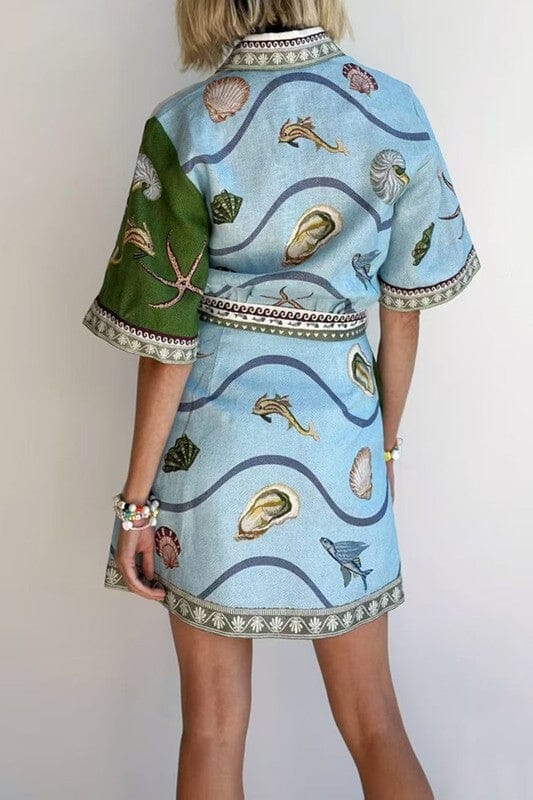Green Aquatic Print Shirt Dress Sundayup 