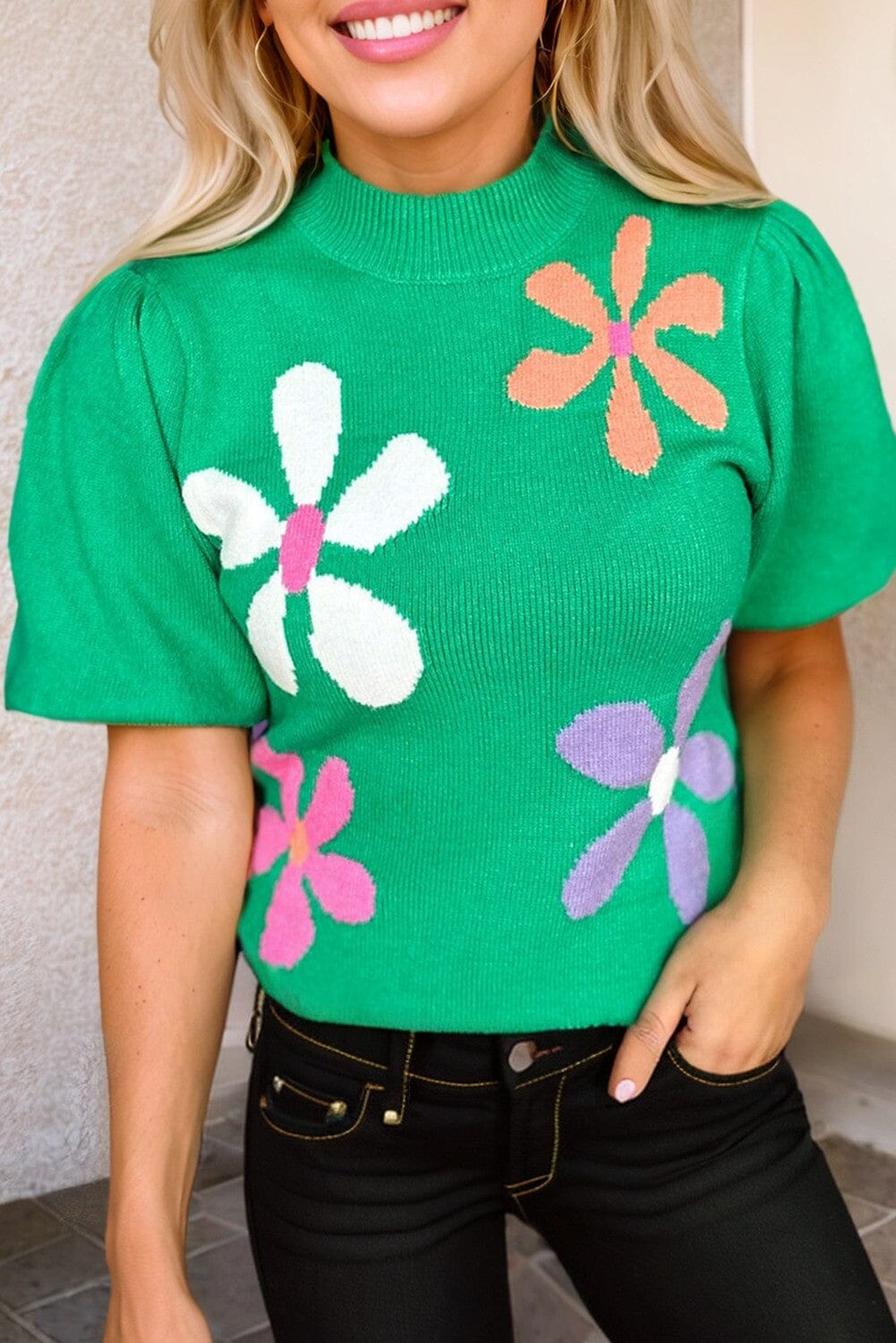 Green Floral Bubble Short Sleeve Sweater Kentce 