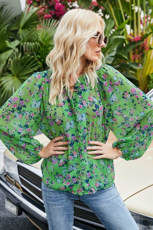 Green Floral Frilled Top Asia Direct 