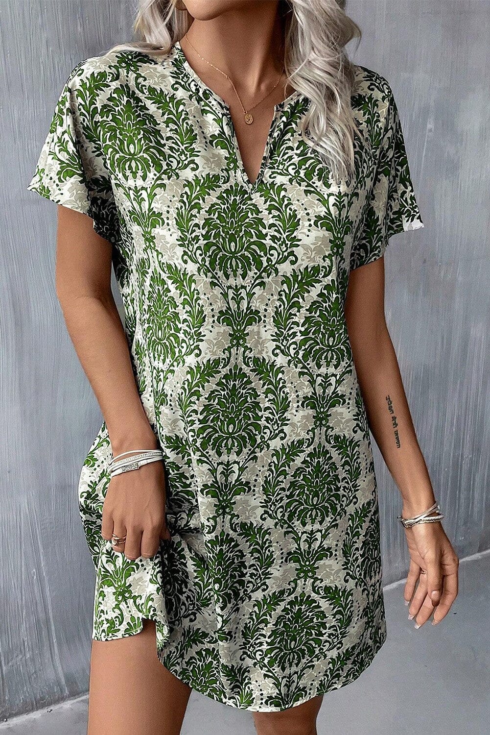Green Floral Print V Neck Dress Kentce 
