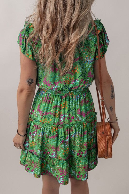 Green Floral Ruffle Neck Dress Shewin 