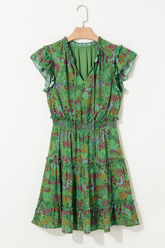 Green Floral Ruffle Neck Dress Shewin 
