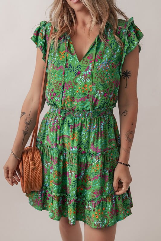 Green Floral Ruffle Neck Dress Shewin 
