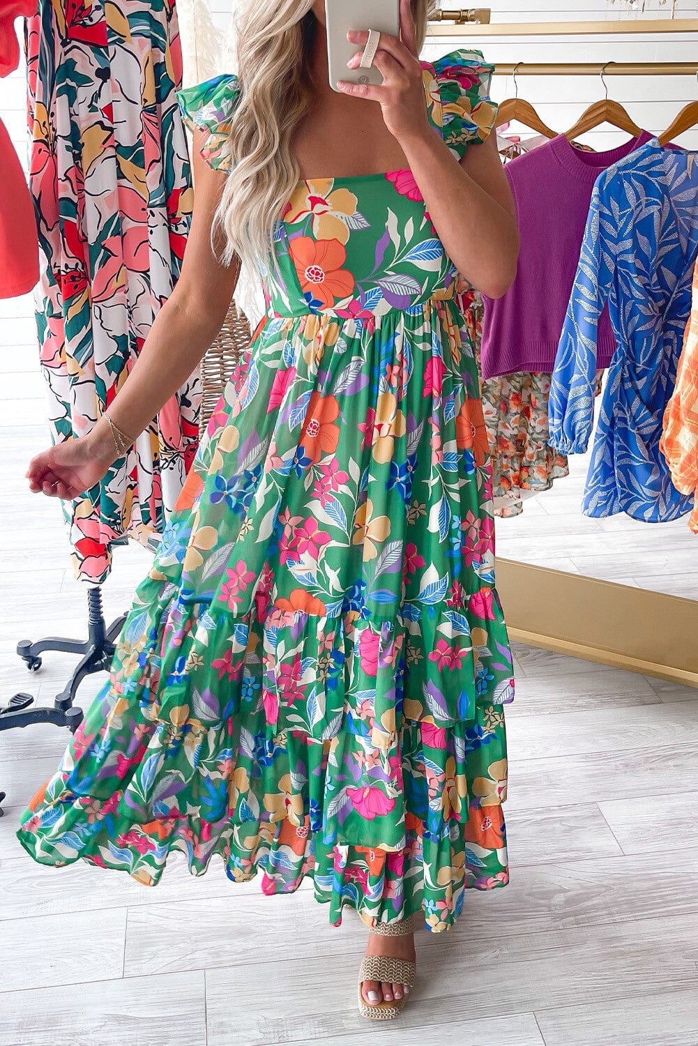 Green Floral Ruffle Tiered Maxi Dress Youmi 