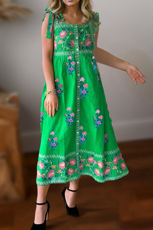 Green Floral Shoulder Tie Midi Shewin 