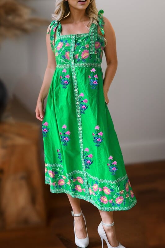 Green Floral Shoulder Tie Midi Shewin 