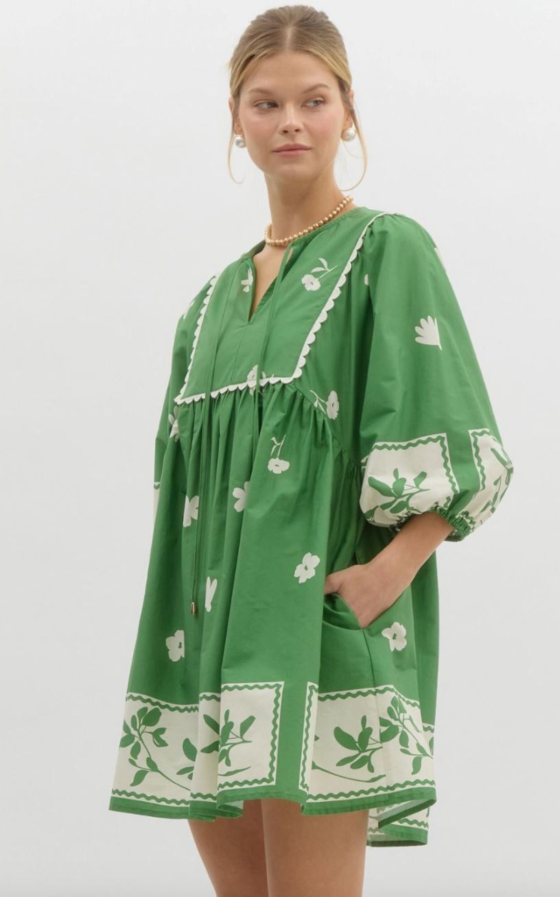 Green Floral Stencil Border Poplin Dress entro 
