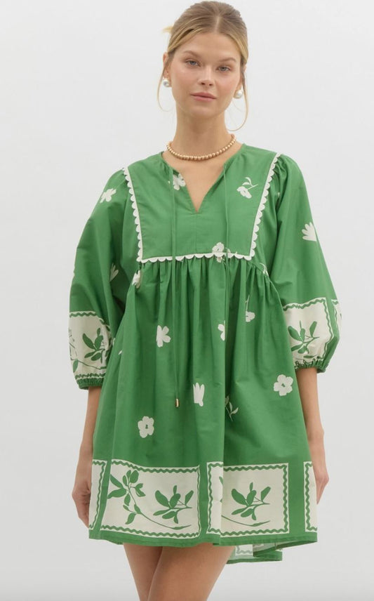 Green Floral Stencil Border Poplin Dress entro 