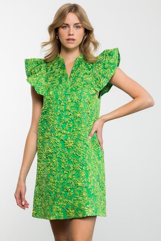 Green Flutter Sleeve Textured Dress thml 