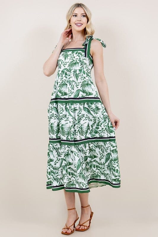 Green Leaf Shoulder Tie Midi Sundayup 