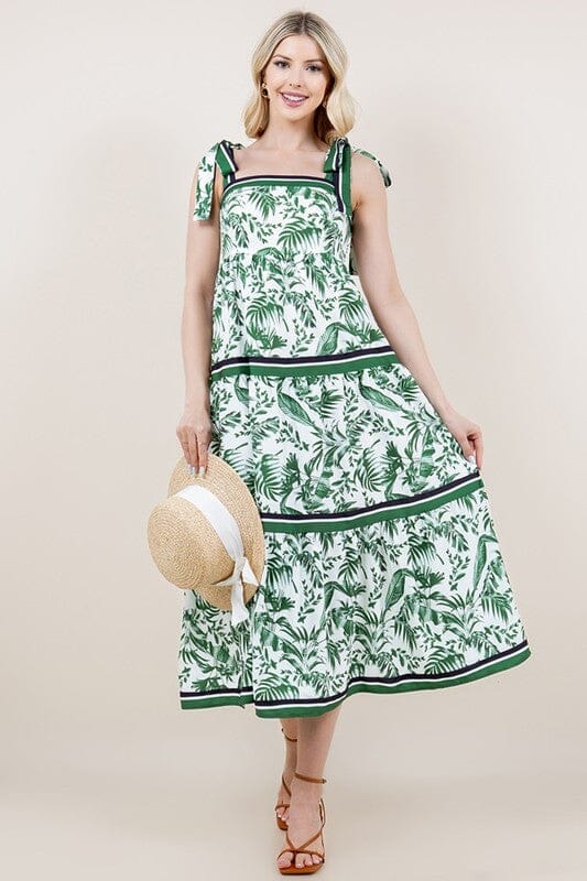 Green Leaf Shoulder Tie Midi Sundayup 