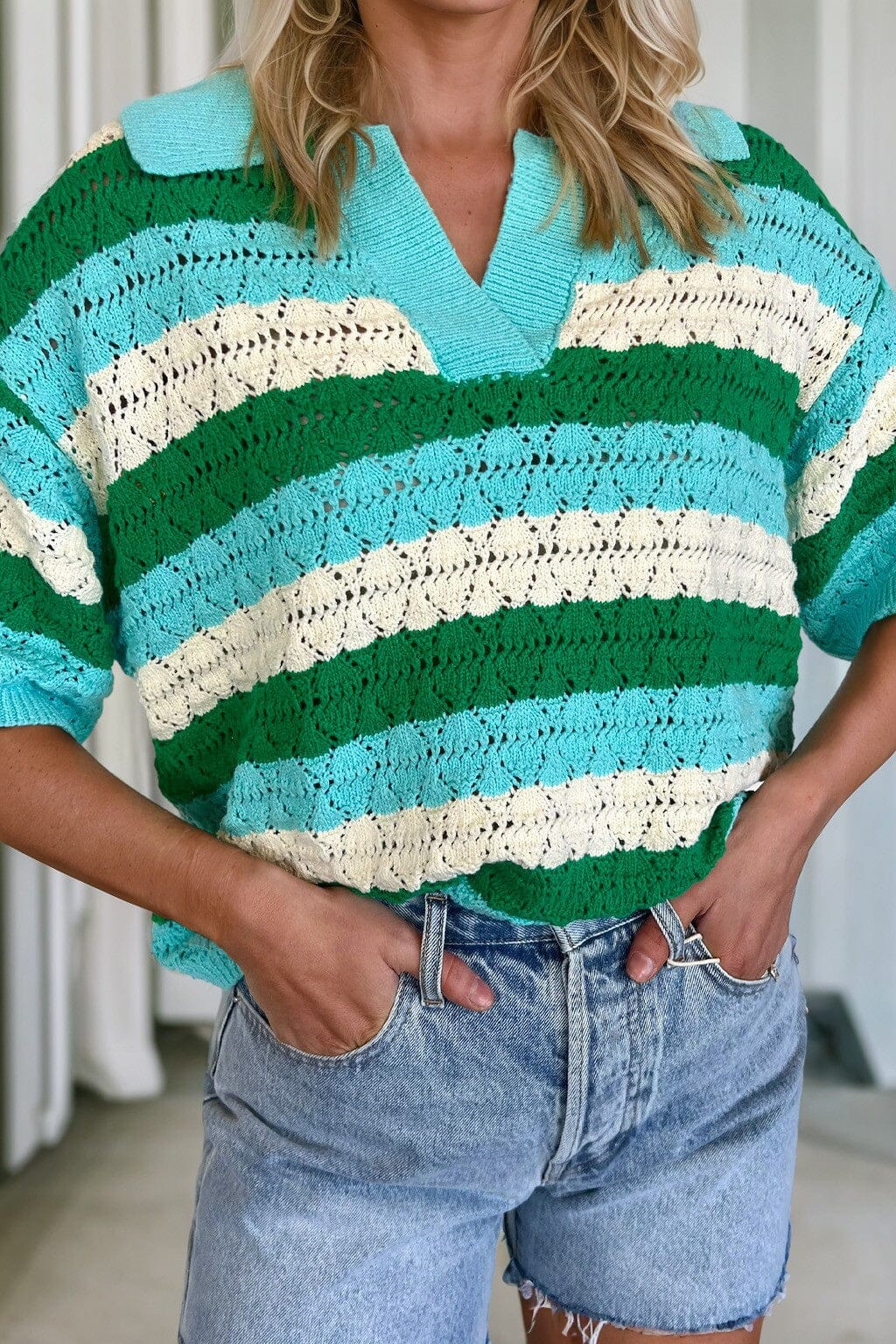 Green Multi Collared V Neck Knit Top jupiter and me 