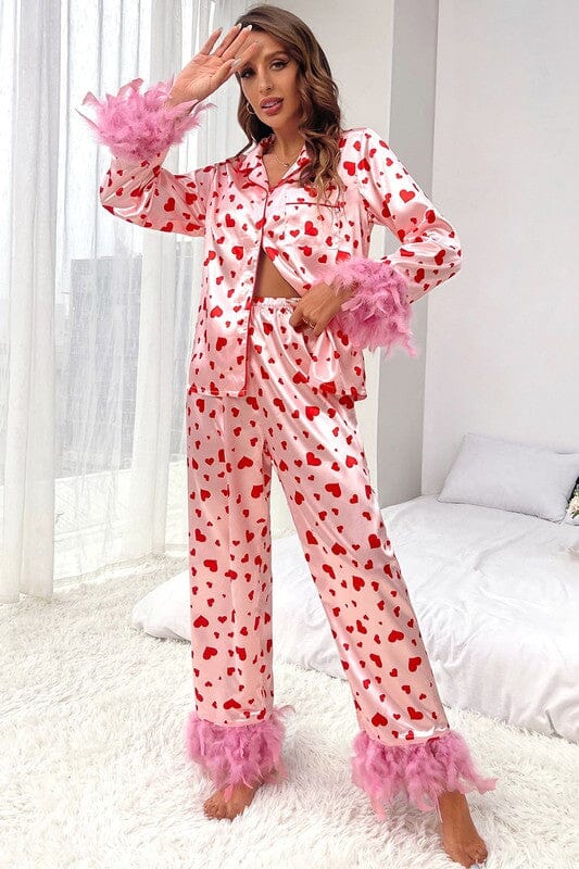 Heart Satin Feather Trimmed Pajamas Shewin 