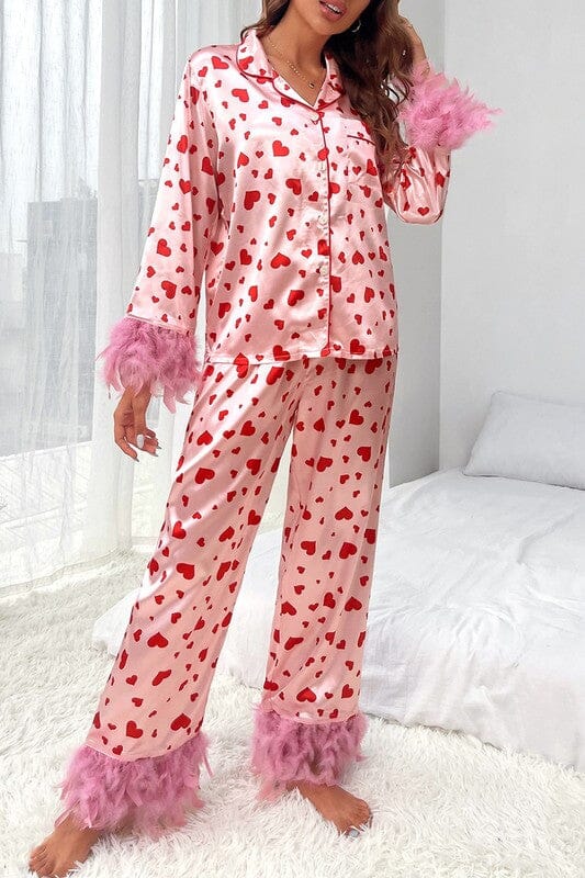 Heart Satin Feather Trimmed Pajamas Shewin 