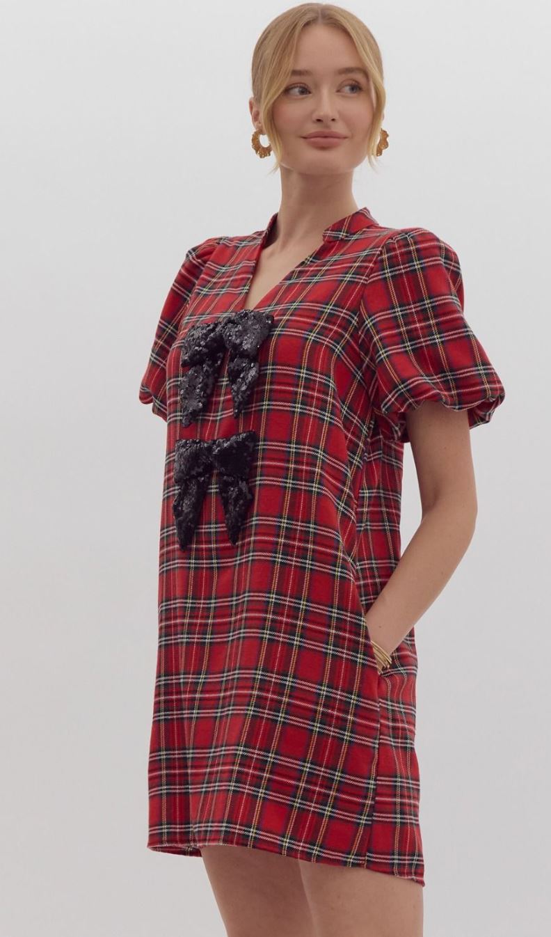 Holiday Plaid SS Puff Bow Front Dress entro 