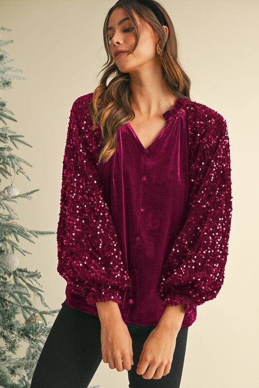 Holiday Velvet Top with Sequin Sleeves Shewin 